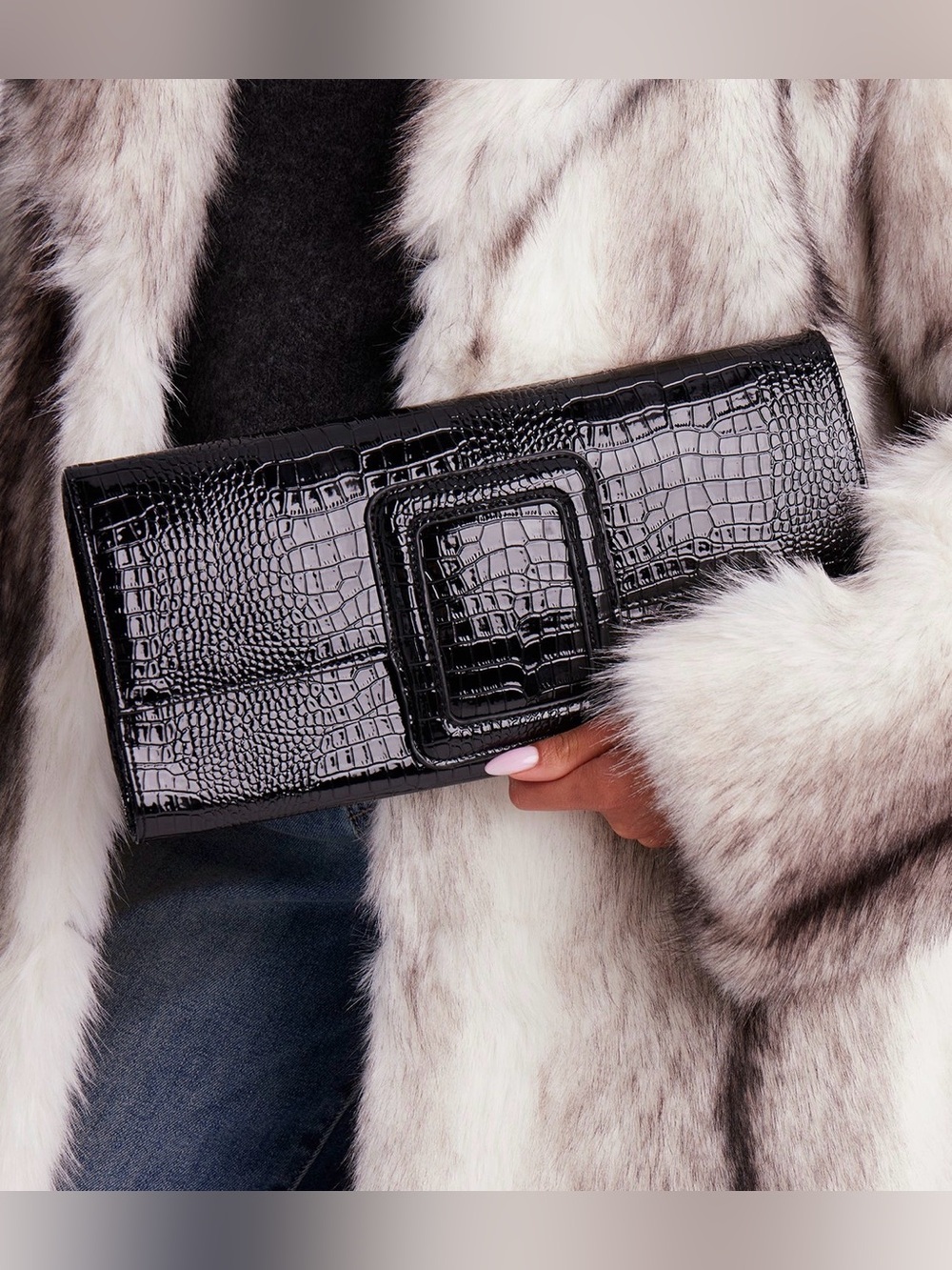 Fashion Nova Black Croc-Embossed Patent Clutch with Buckle Accent